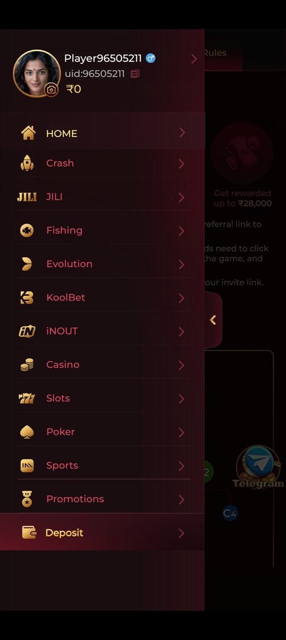 ix7 app side menu listing Crash, JILI, Fishing, Evolution, Casino, Slots, Poker and Sports categories